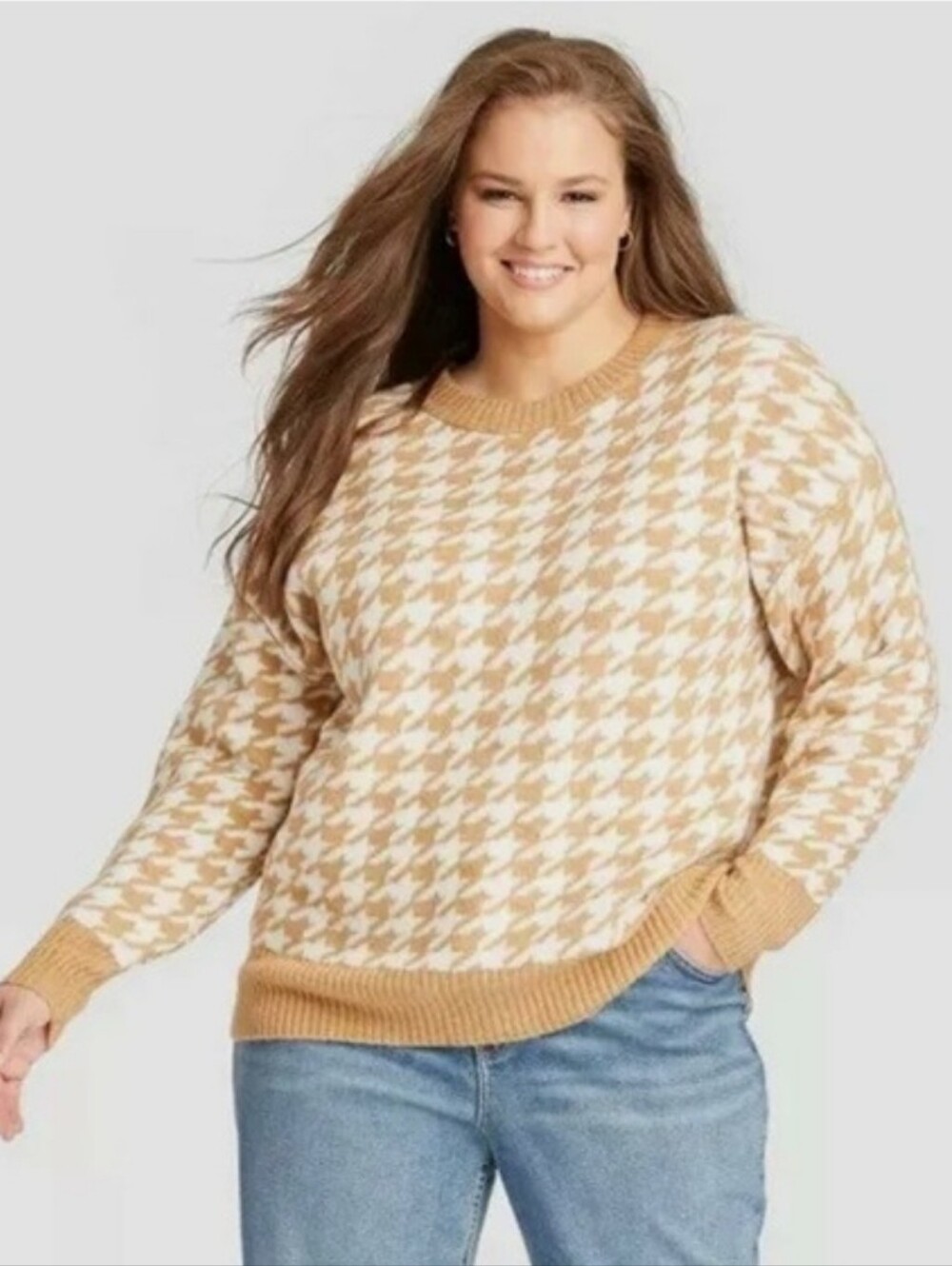 Ava & Viv Tan & White Houndstooth Print Sweater Plus Size 1x